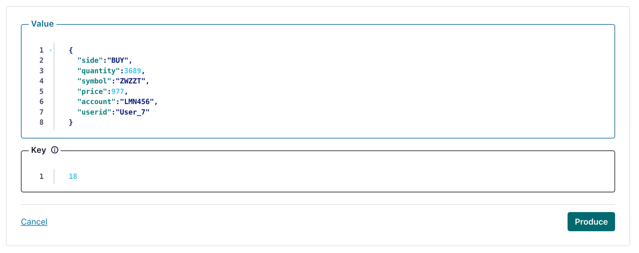 Confluent Cloud interface showing how to create a test message in a Kafka topic - Zoomed
