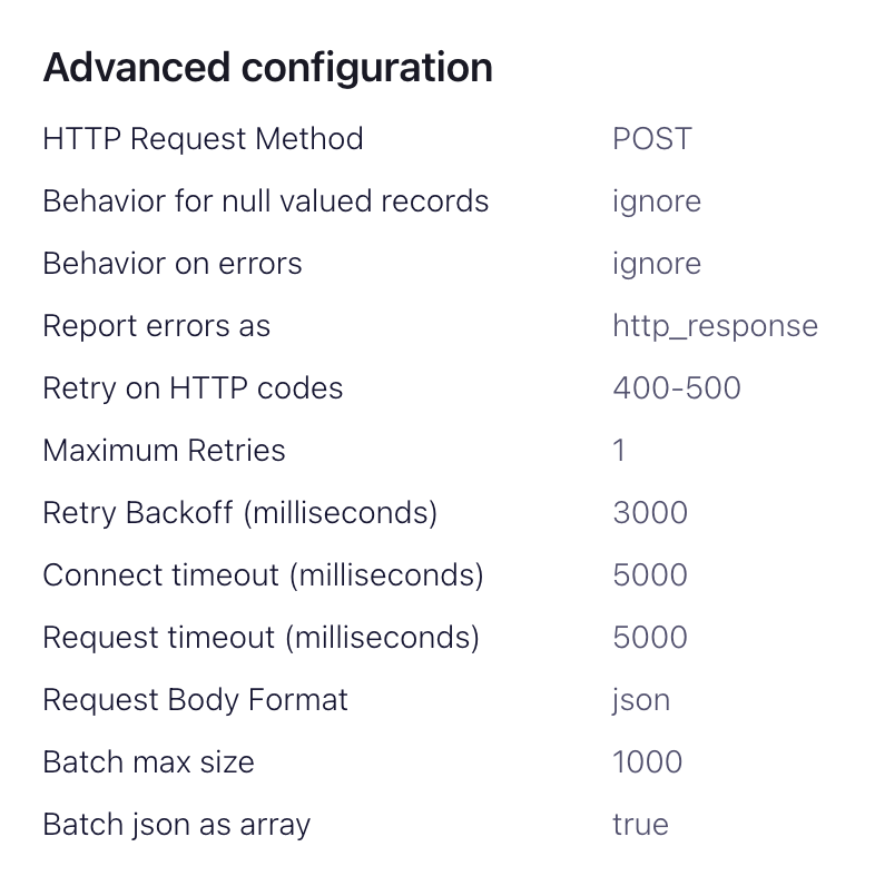 Confluent Cloud interface showing advanced configuration options for the HTTP Sink connector - Zoomed