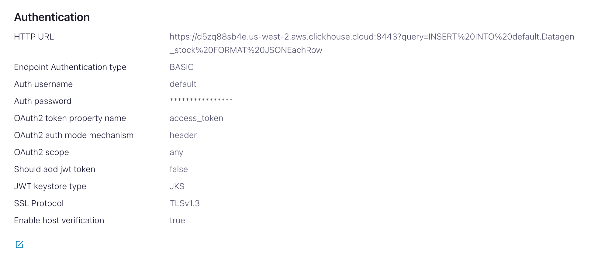 Confluent Cloud interface showing authentication settings for the HTTP Sink connector - Zoomed