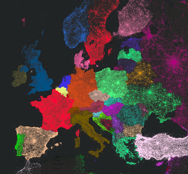 Map of Europe with points of interest categorised by country - Zoomed